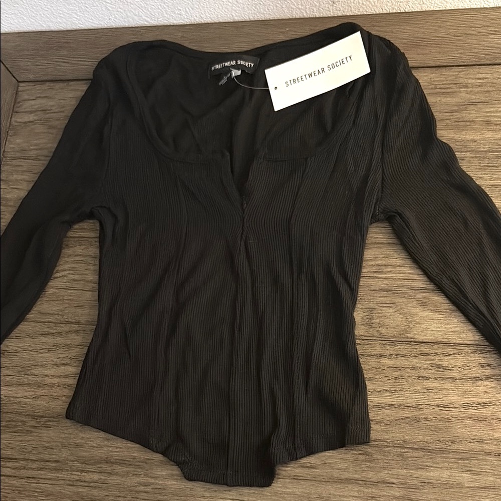 NWT [Streetwear Society] Long-Sleeved Ribbed “Corset” Black Shirt Women’s Sz XS